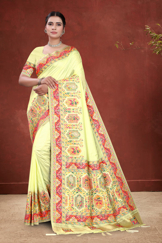 Gharana Glory – Cream Saree with Rajasthani Lok Kala Panels