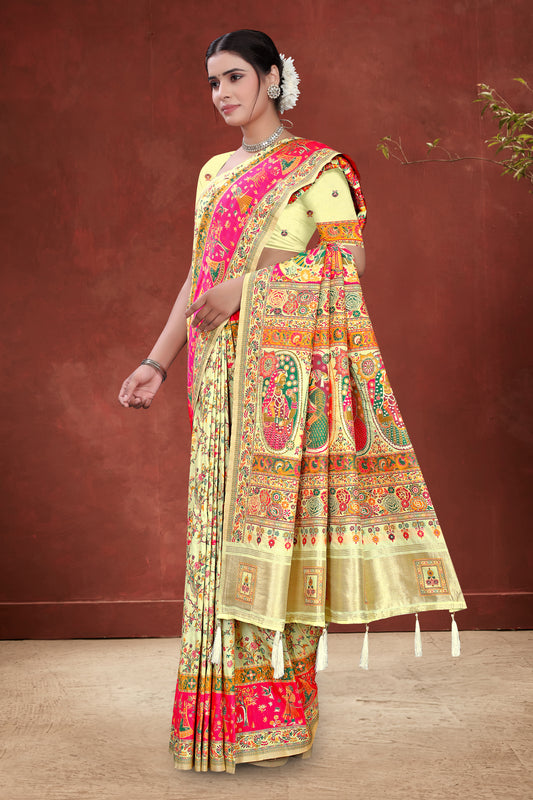 Rajwadi Saaj – Cream Silk Saree with Folk Queen Motifs