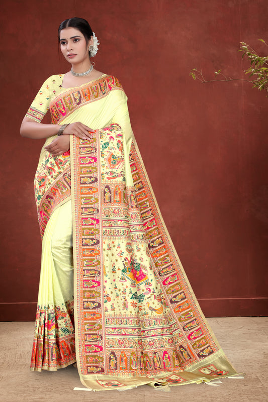 Heritage Draped – Cream Silk Saree with Royal Court Illustrations
