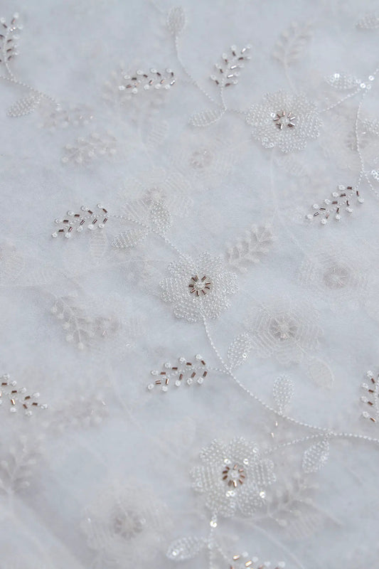 White Thread With Beads Leafy Embroidery On Dyeable White Viscose Organza Fabric
