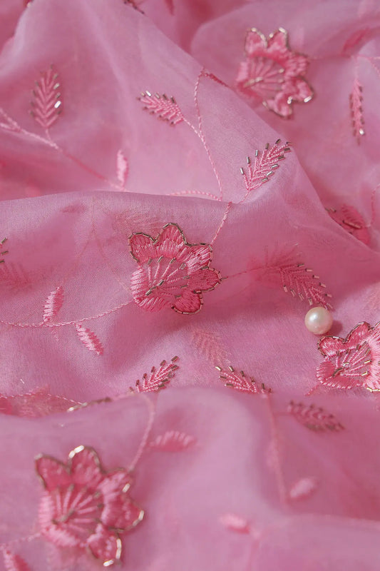 Pink Thread With Beads Floral Embroidery On Pink Viscose Organza Fabric