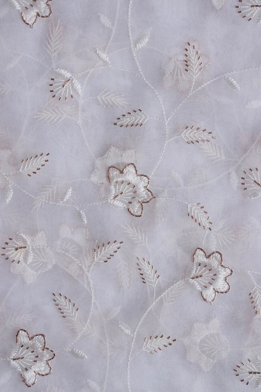 White Thread With Beads Floral Embroidery On Dyeable White Viscose Organza Fabric