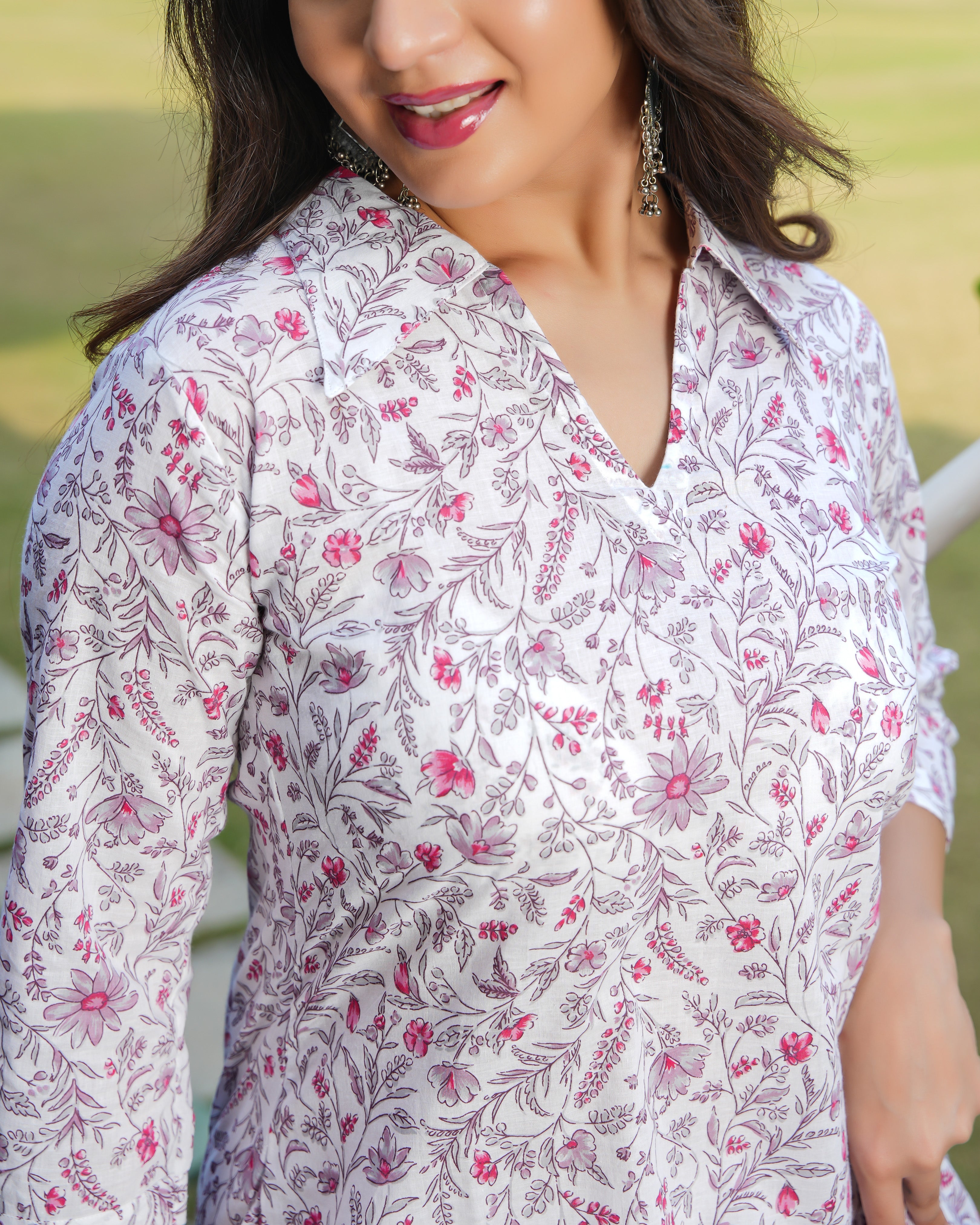 MEERA - White & Pink Floral Printed Cotton Kurta Set