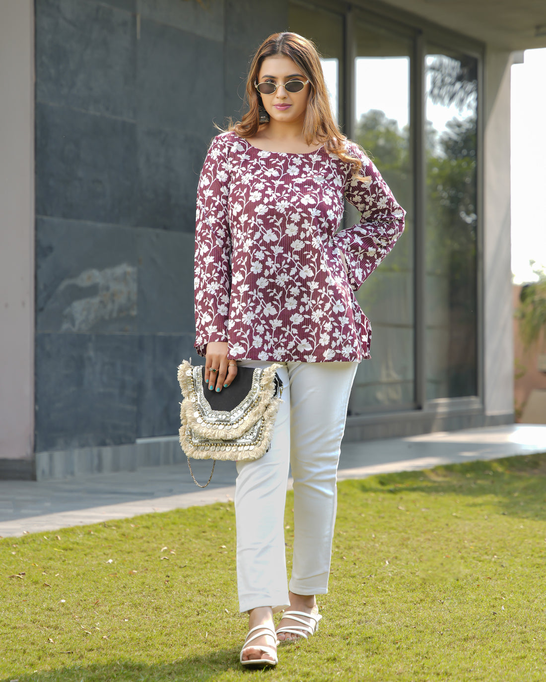 ZOYA - Maroon Floral Printed Cotton Short Kurti