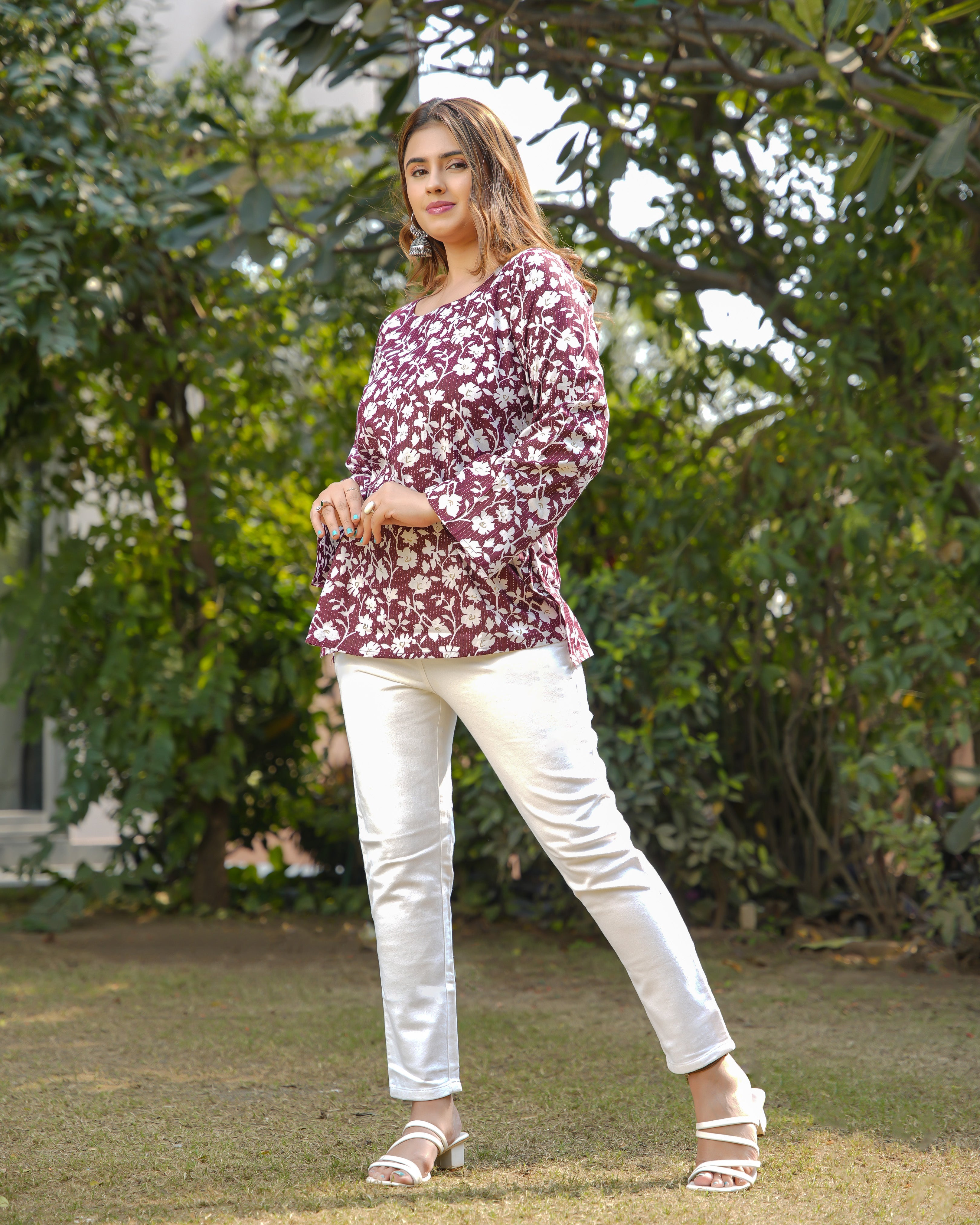 ZOYA - Maroon Floral Printed Cotton Short Kurti