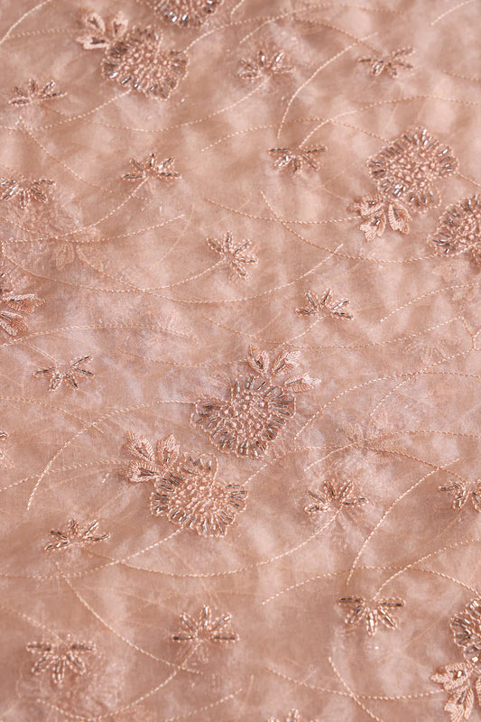 Peach Thread With Beads Floral Embroidery On Peach Viscose Organza Fabric
