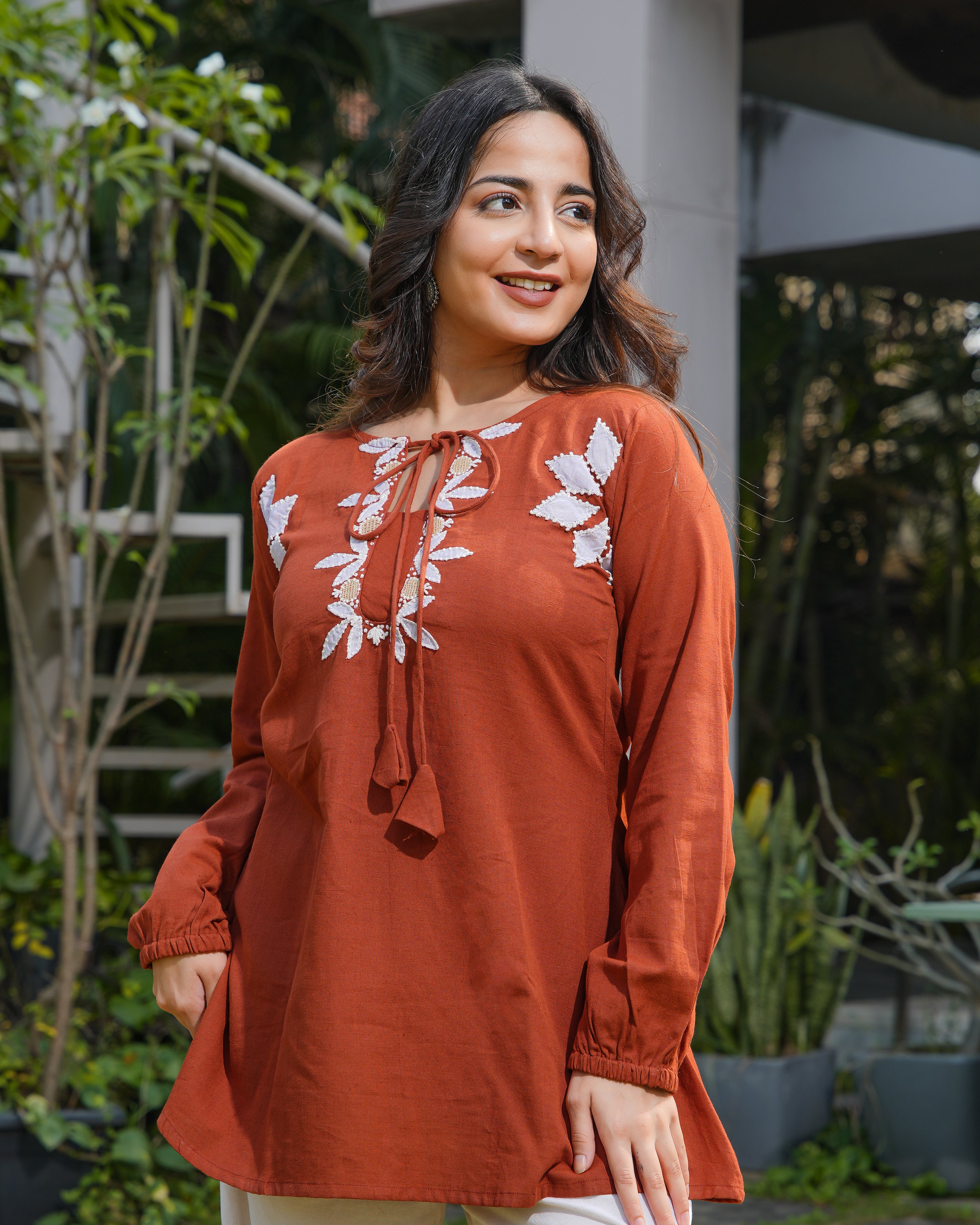 POO - Rust Orange Designer Embroidered Cotton Top
