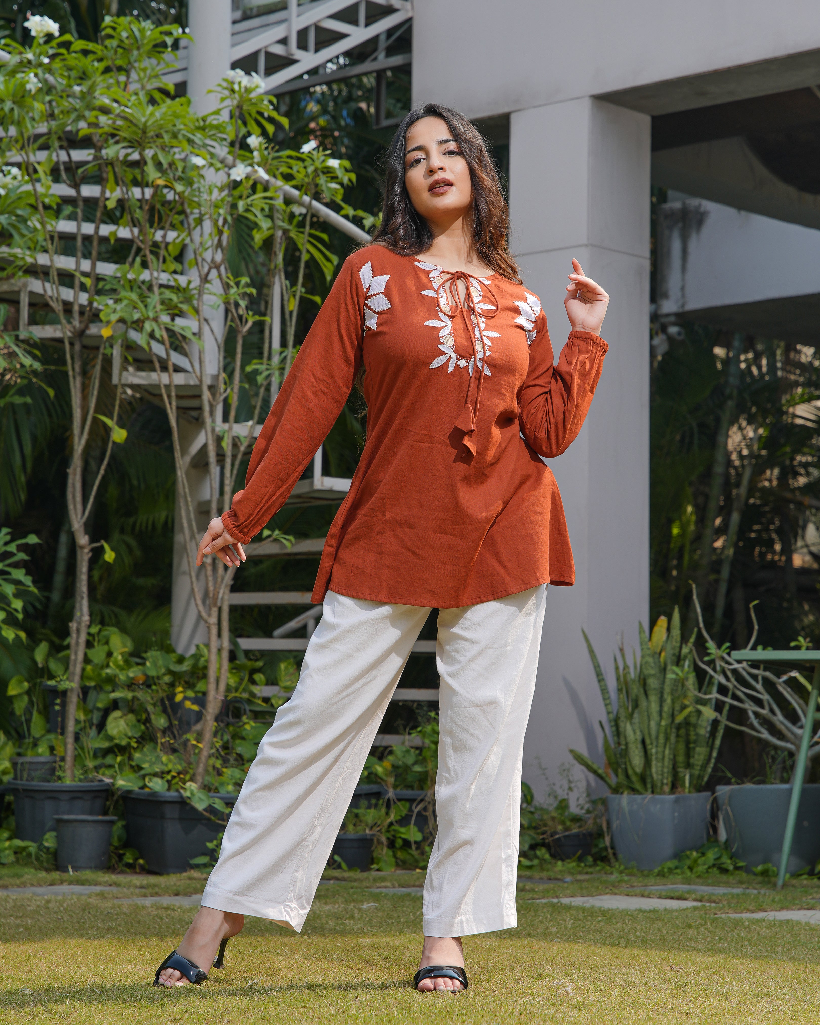 POO - Rust Orange Designer Embroidered Cotton Top
