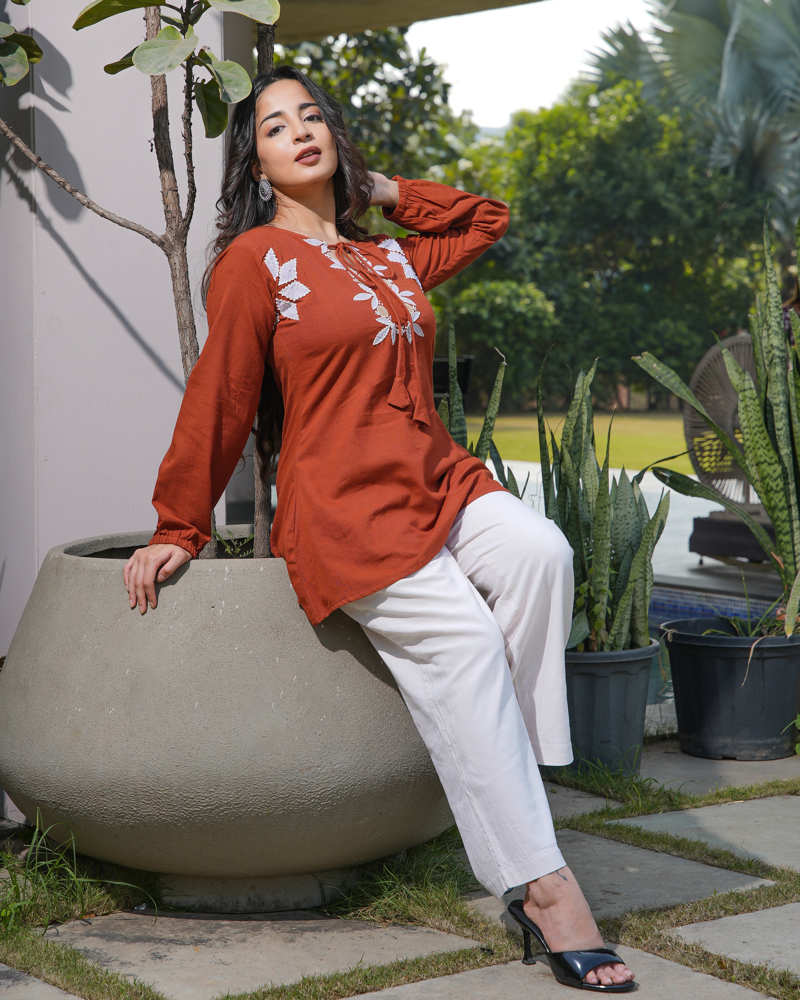 POO - Rust Orange Designer Embroidered Cotton Top