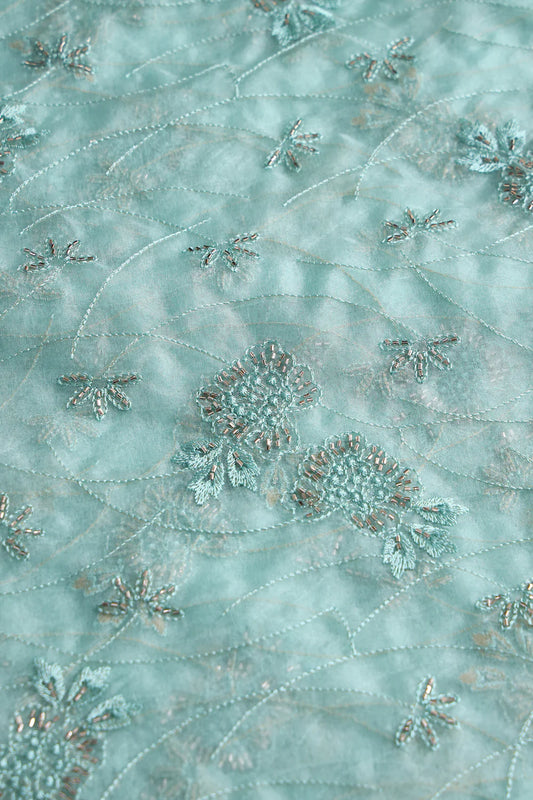 Sea Green Thread With Beads Floral Embroidery On Sea Green Viscose Organza Fabric