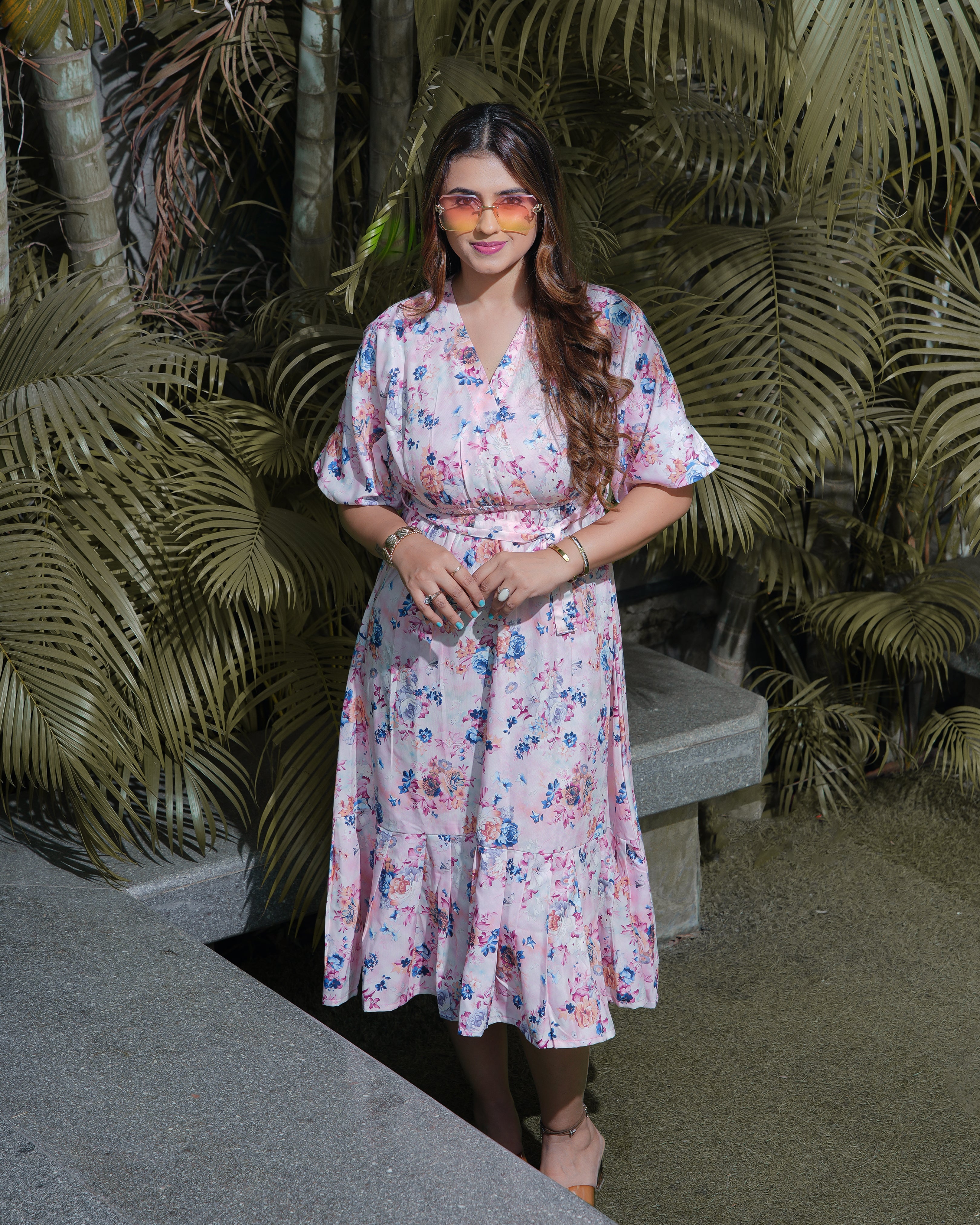 ROSE - Pastel Pink Floral Printed Midi Dress