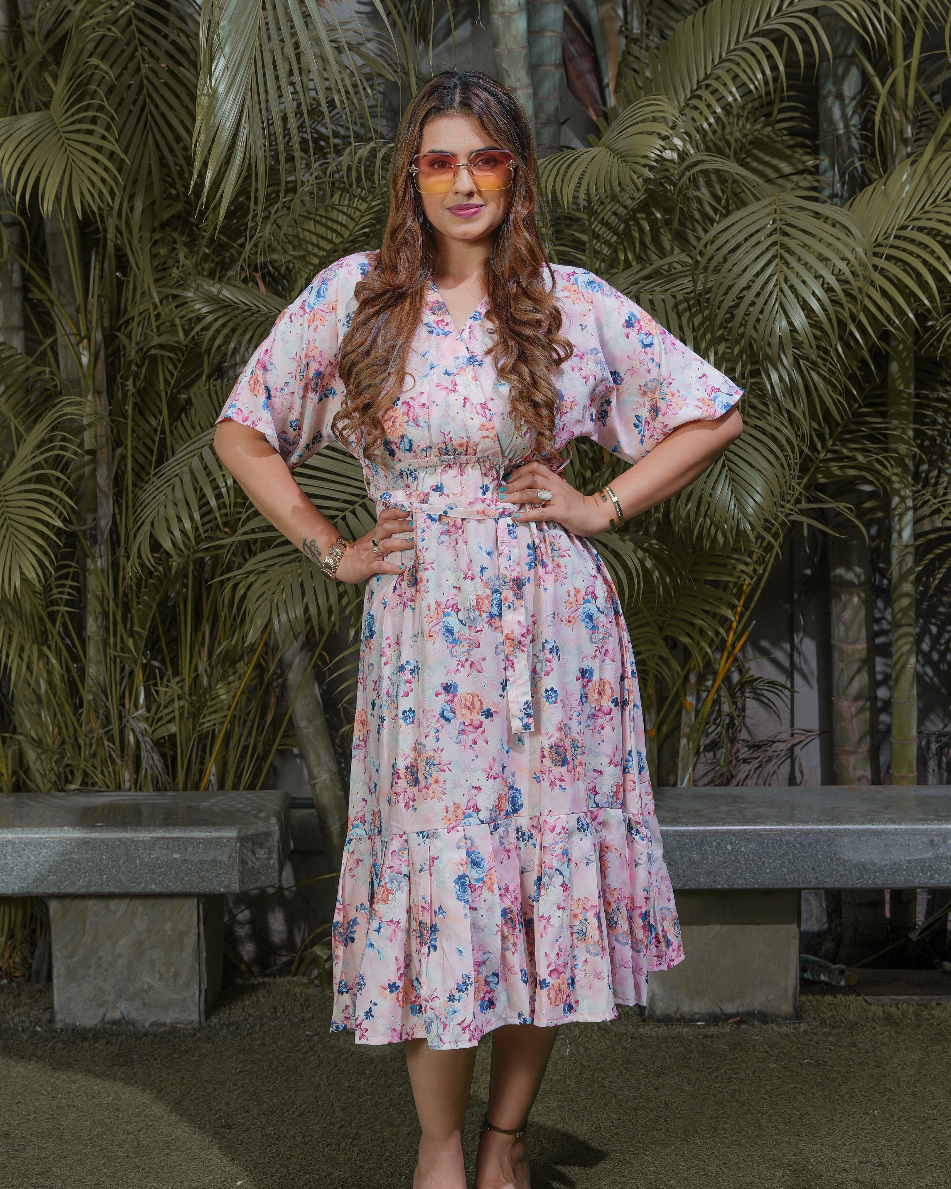 ROSE - Pastel Pink Floral Printed Midi Dress