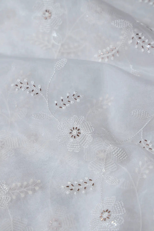 White Thread With Beads Leafy Embroidery On Dyeable White Viscose Organza Fabric