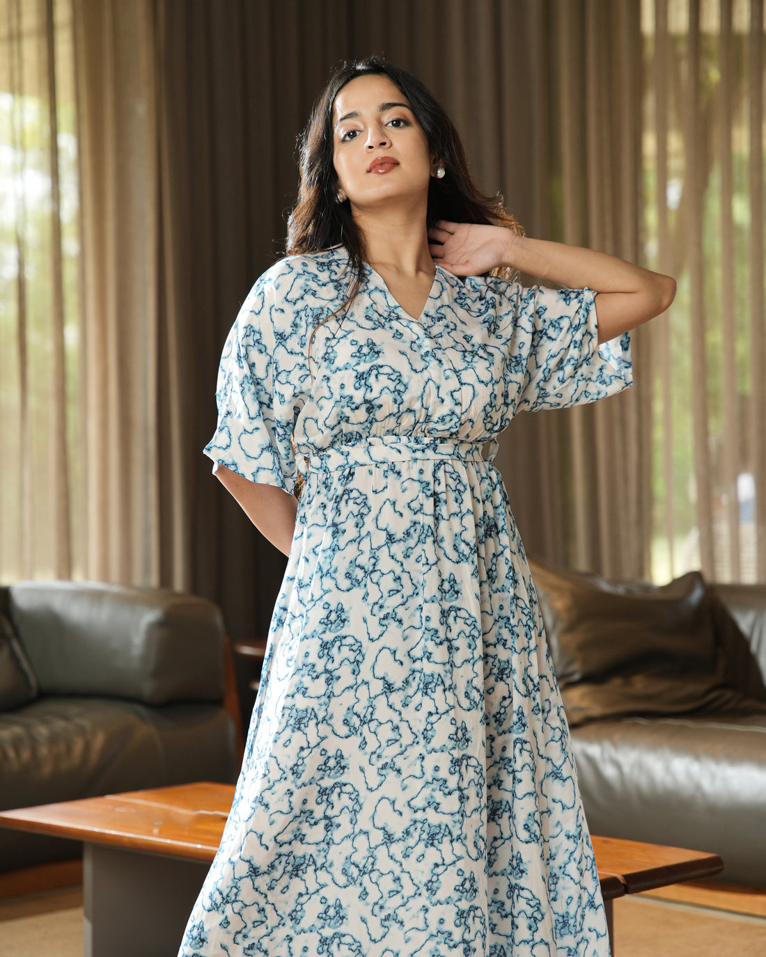 RHEA - White & Blue Abstract Printed Midi Dress