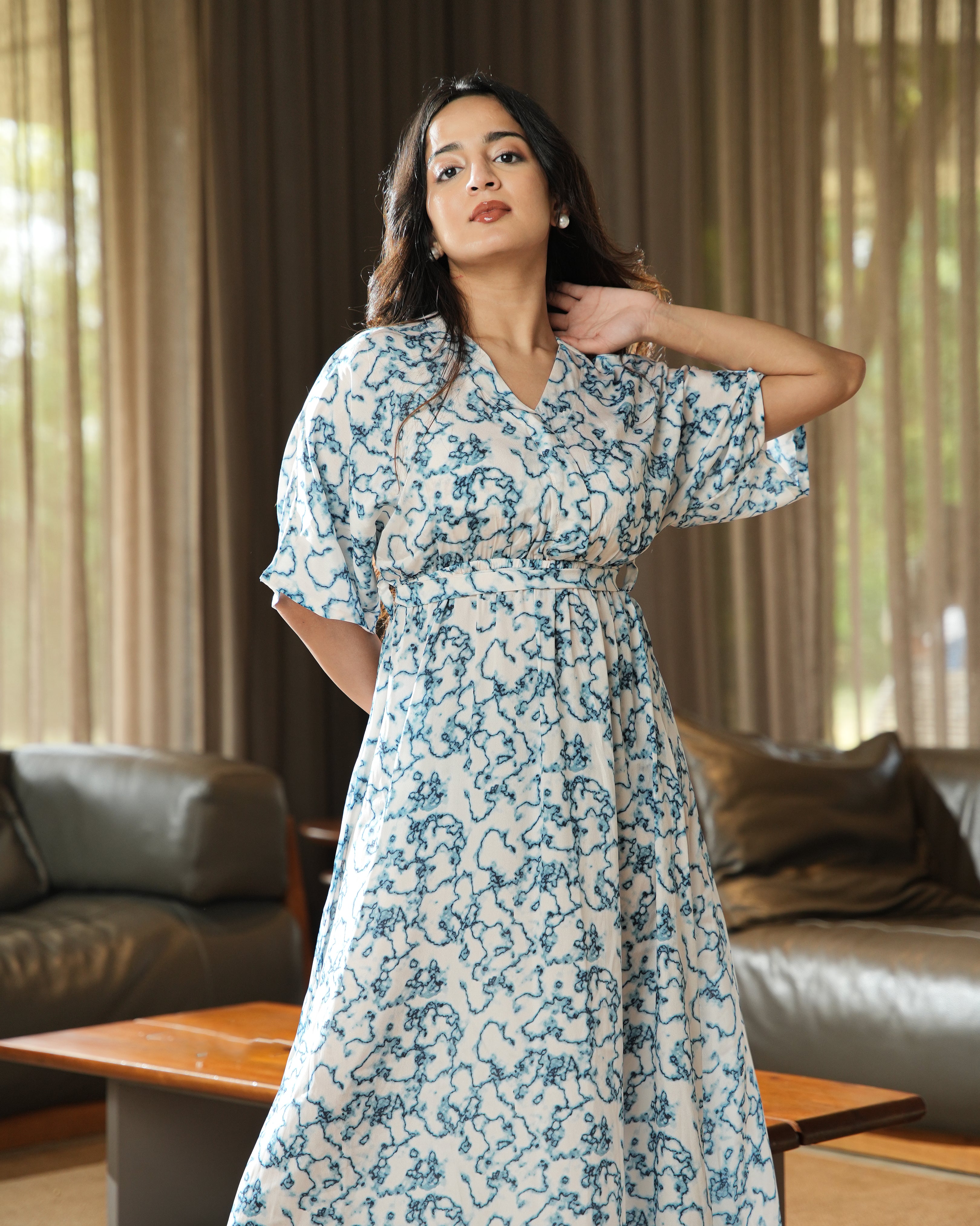 RHEA - White & Blue Abstract Printed Midi Dress