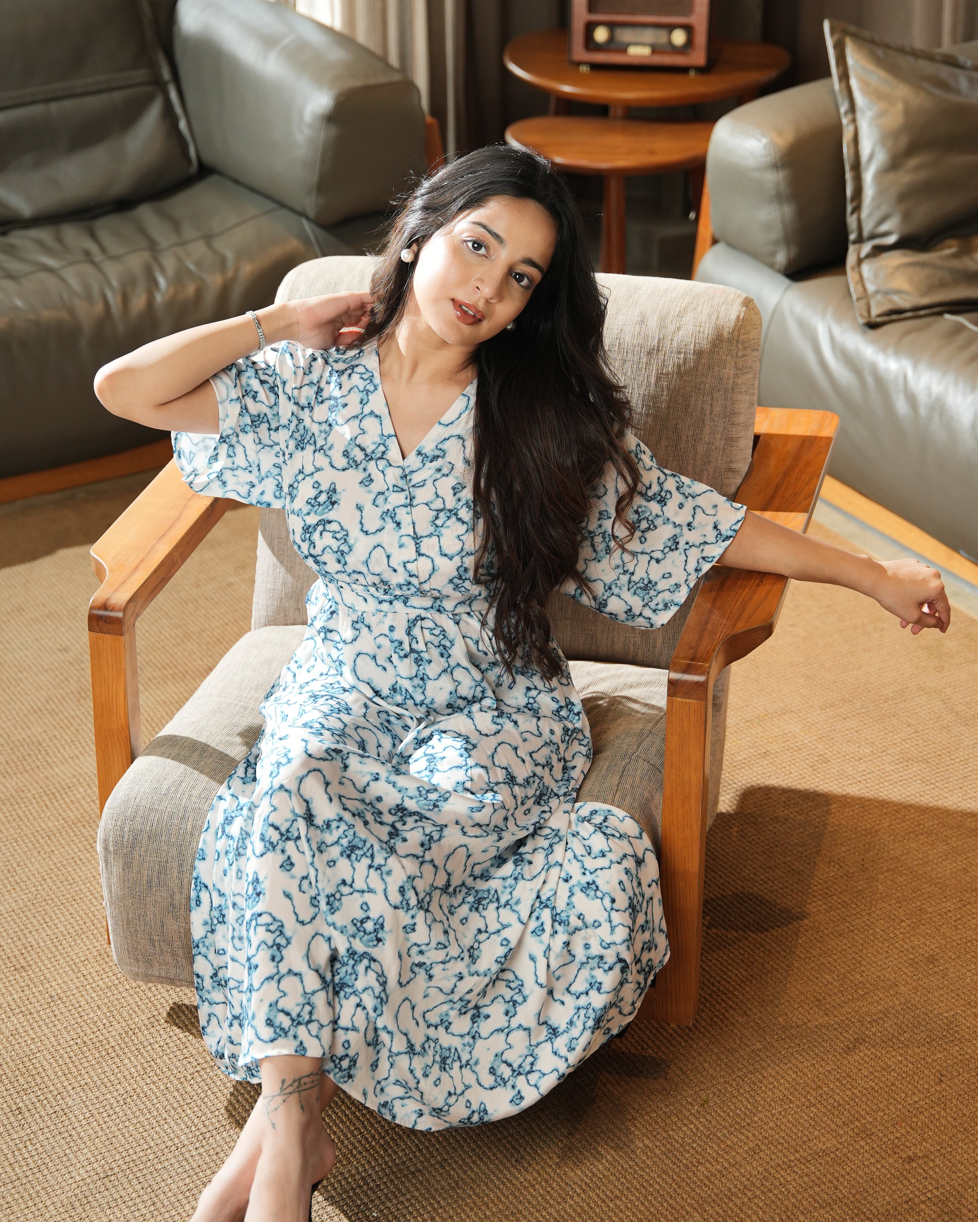 RHEA - White & Blue Abstract Printed Midi Dress