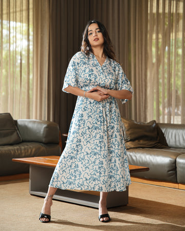 RHEA - White & Blue Abstract Printed Midi Dress