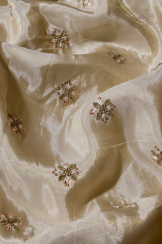 Gold Sequins And Zari Floral Booti Embroidery Work On Dyeable Pure Viscose Zari Tissue Fabric