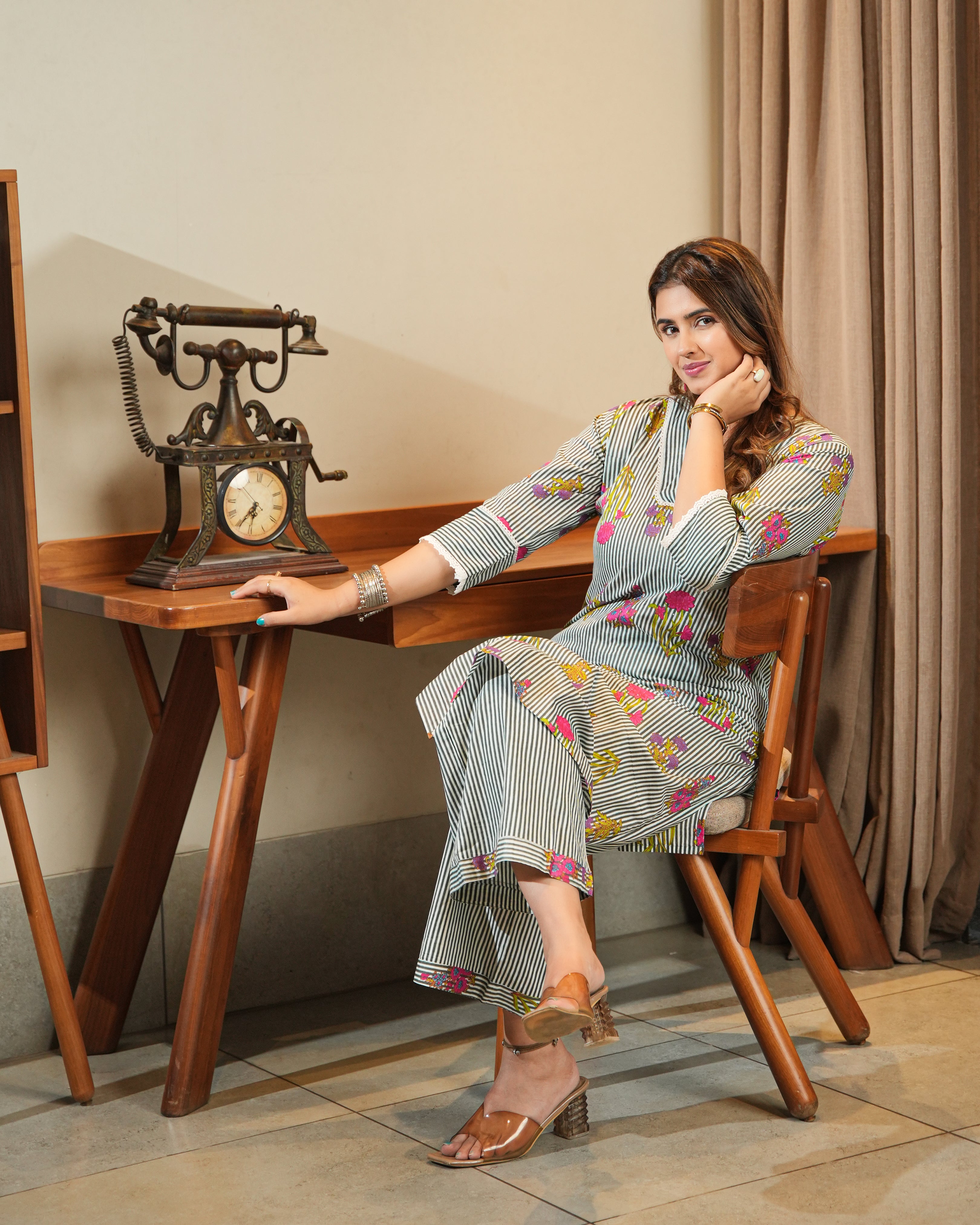 RANI - Striped Grey Floral Printed Cotton Kurta Set