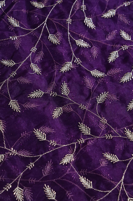 Gold Zari With Beads Leafy Embroidery Work On Purple Viscose Organza Fabric