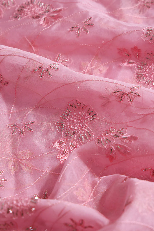 Pink Thread With Beads Floral Embroidery On Pink Viscose Organza Fabric