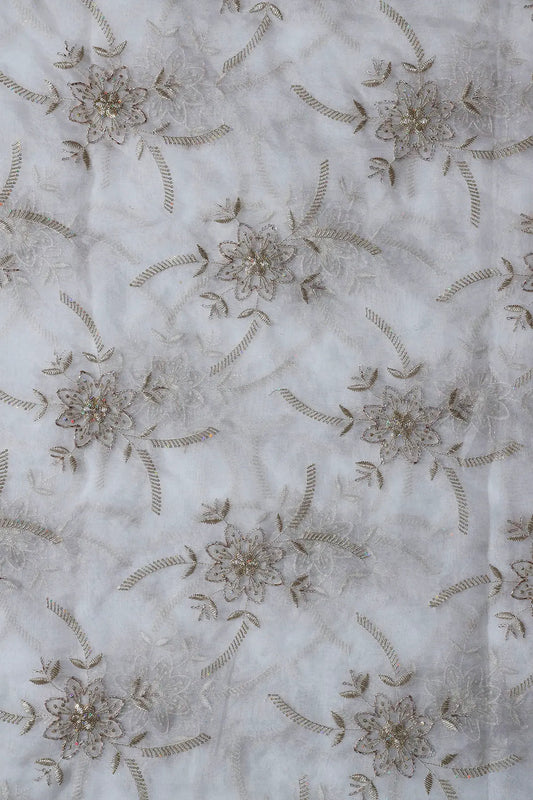 White Thread With Beads Leafy Embroidery On Dyeable White Viscose Organza Fabric