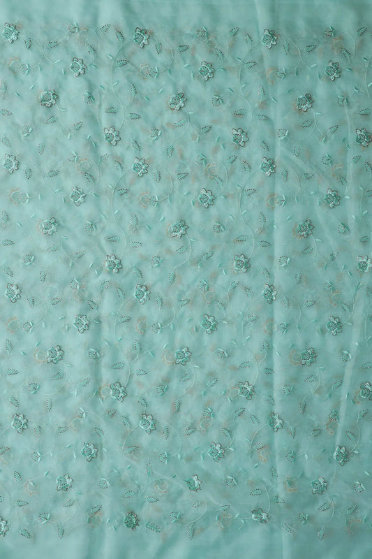 Sea Green Thread With Beads Floral Embroidery On Sea Green Viscose Organza Fabric
