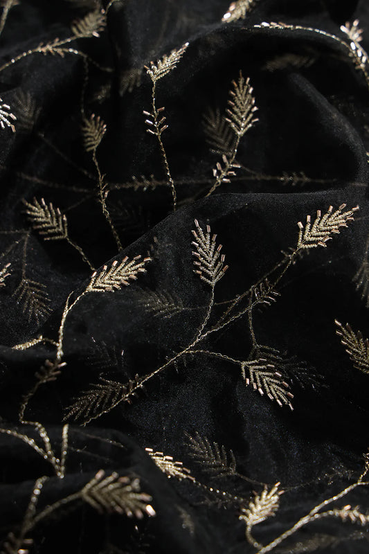 Gold Zari With Beads Leafy Embroidery Work On Black Viscose Organza Fabric