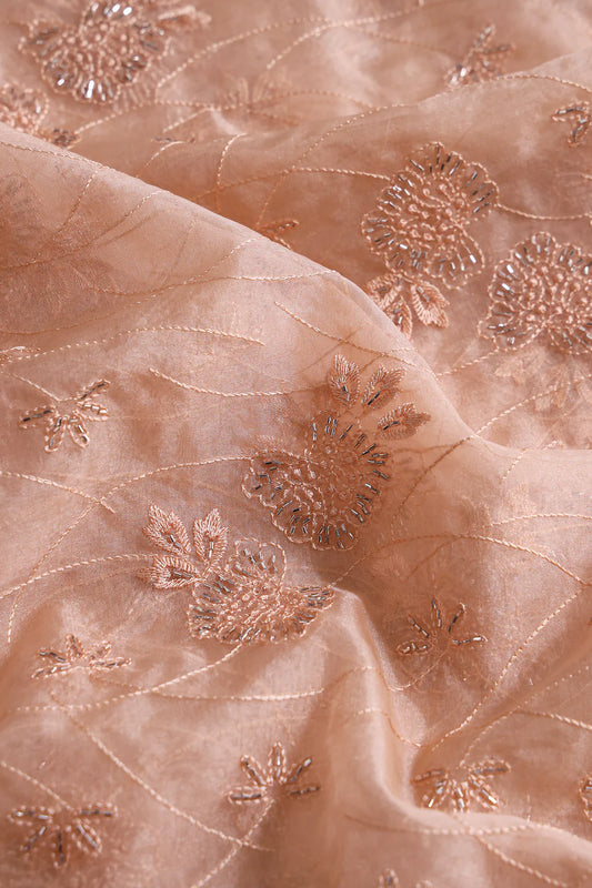 Peach Thread With Beads Floral Embroidery On Peach Viscose Organza Fabric