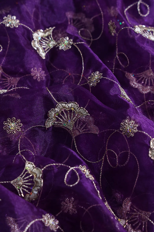 Gold Zari With Beads Beautiful Floral Embroidery On Purple Viscose Organza Fabric