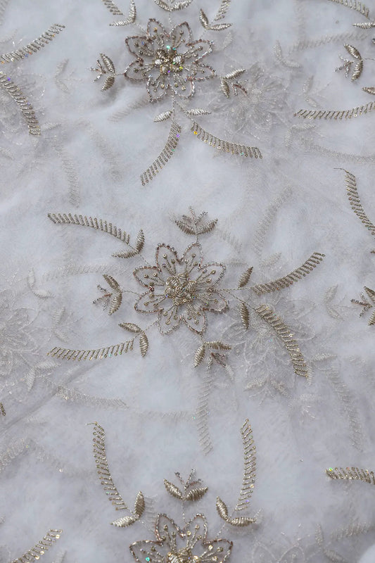 White Thread With Beads Leafy Embroidery On Dyeable White Viscose Organza Fabric