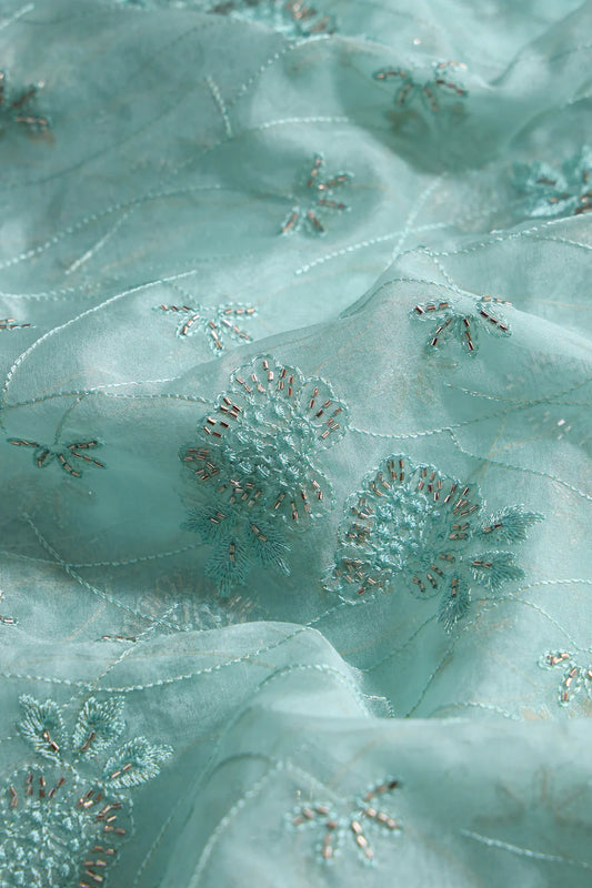 Sea Green Thread With Beads Floral Embroidery On Sea Green Viscose Organza Fabric
