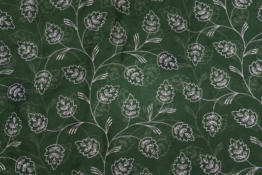 Gold zari with beads beautiful leafy embroidery work on green viscose organza