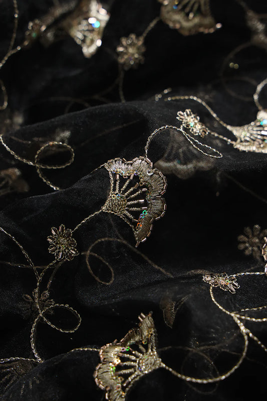 Gold Zari With Beads Beautiful Floral Embroidery On Black Viscose Organza Fabric