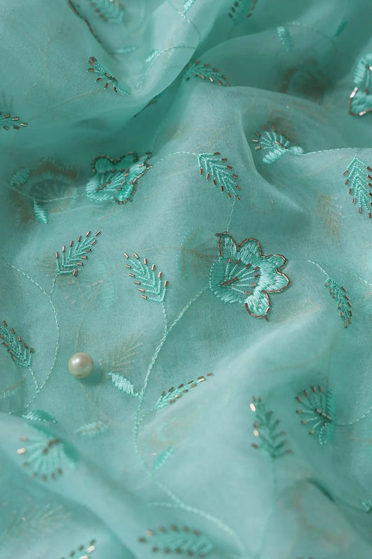 Sea Green Thread With Beads Floral Embroidery On Sea Green Viscose Organza Fabric