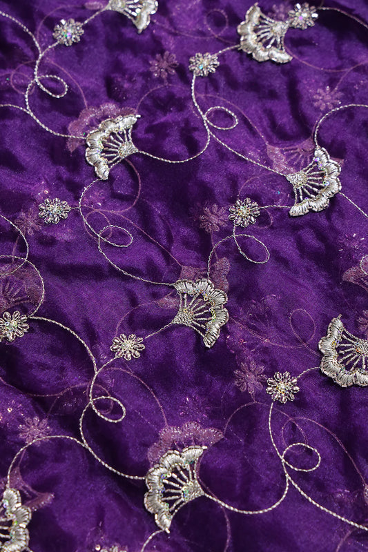 Gold Zari With Beads Beautiful Floral Embroidery On Purple Viscose Organza Fabric