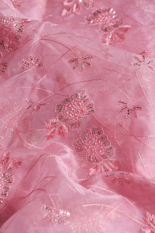 Pink Thread With Beads Floral Embroidery On Pink Viscose Organza Fabric
