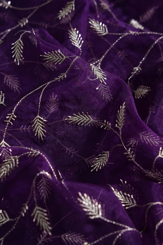 Gold Zari With Beads Leafy Embroidery Work On Purple Viscose Organza Fabric