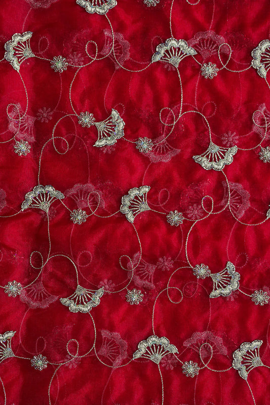 Gold Zari With Beads Beautiful Floral Embroidery On Red Viscose Organza Fabric