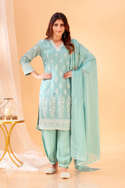 Minted Melody – Aqua Blue Embroidered Kurta Set in Viscose Organza