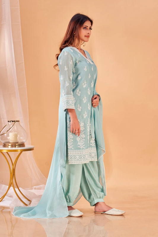 Minted Melody – Aqua Blue Embroidered Kurta Set in Viscose Organza