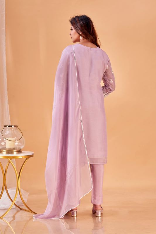 Lilac Reverie – Lavender Embroidered Kurta Set in Viscose Organza