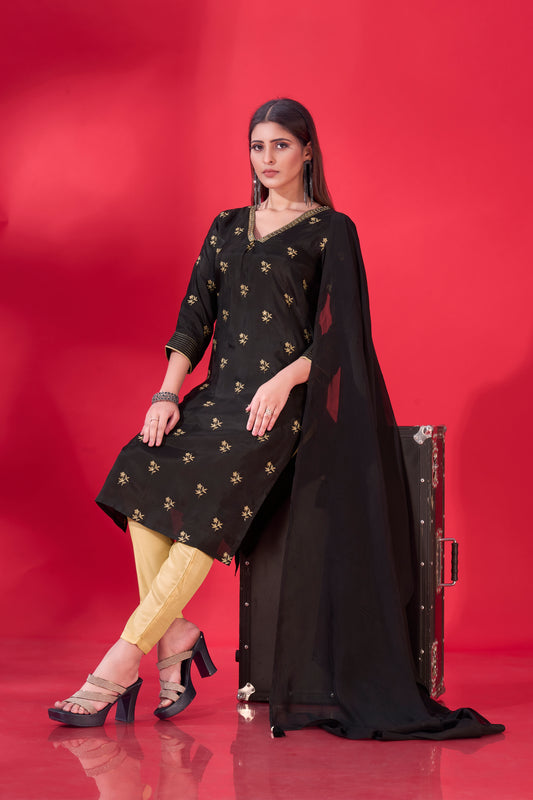 Noir Zari – Black Embroidered Kurta Set in Viscose Muslin