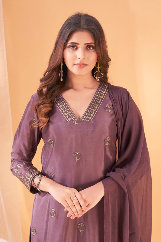 Twilight Bloom – Plum Embroidered Kurta Set in Viscose Chinon