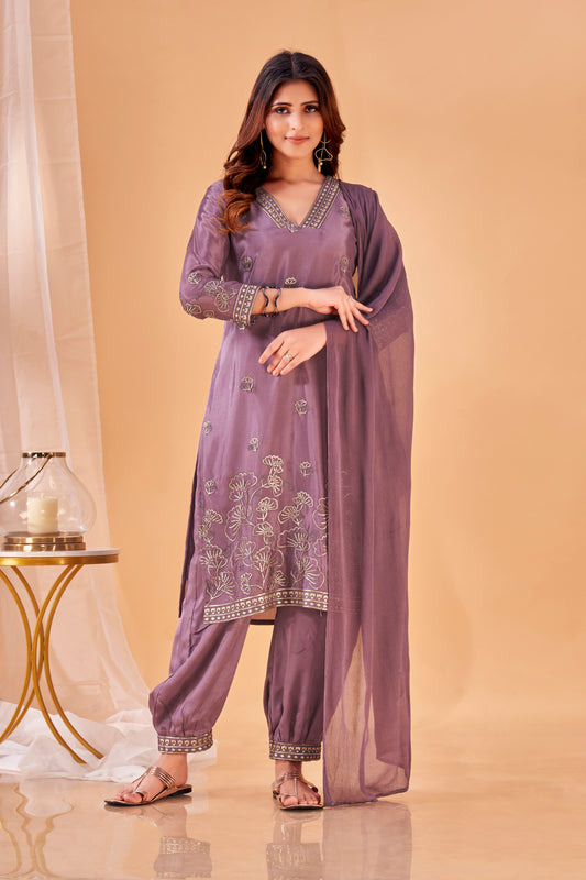 Twilight Bloom – Plum Embroidered Kurta Set in Viscose Chinon
