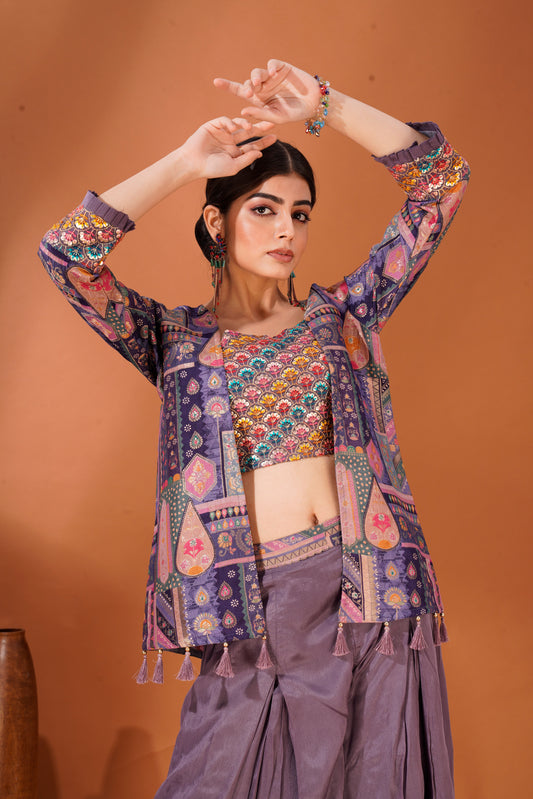 Gulzar Grace – Multicolor Jacket & Crop Top Set in Viscose Chinon