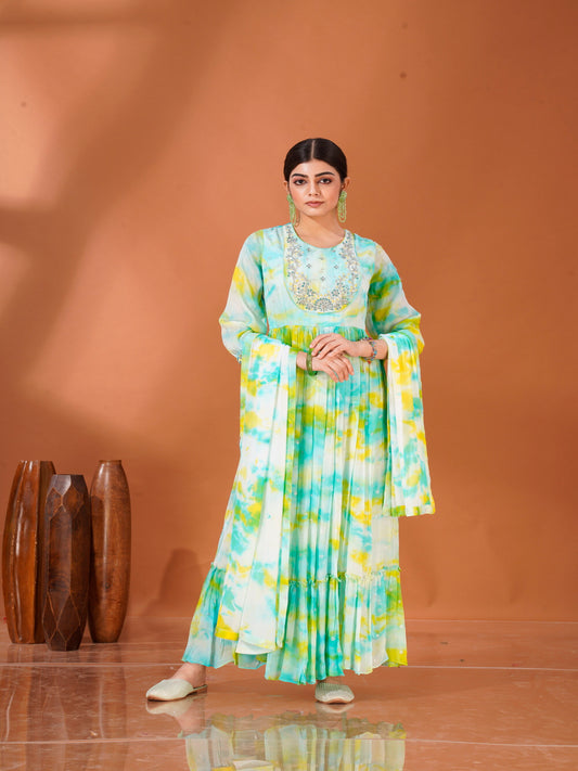 Phoolvari – Aqua Yellow Tie-Dye Kurta Set in Viscose Chinnon