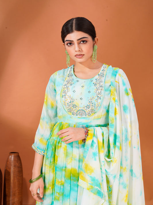 Phoolvari – Aqua Yellow Tie-Dye Kurta Set in Viscose Chinnon