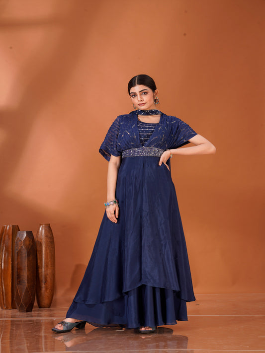 Noor-E-Raat – Navy Blue Layered Kurta Set in Viscose Chinnon