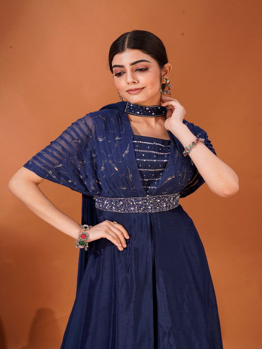 Noor-E-Raat – Navy Blue Layered Kurta Set in Viscose Chinnon